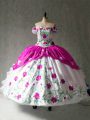 Cheap Cap Sleeves Floor Length Embroidery and Ruffles Lace Up 15 Quinceanera Dress with Multi-color