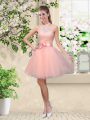 Inexpensive Lace and Belt Wedding Guest Dresses Peach Lace Up Sleeveless Knee Length