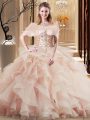 Exquisite Scoop Sleeveless Sweet 16 Dress Brush Train Beading and Ruffles Peach Tulle