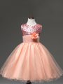 Fancy Tulle Sleeveless Knee Length Pageant Gowns For Girls and Sequins and Hand Made Flower
