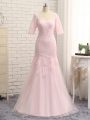 Floor Length Zipper Mother Of The Bride Dress Baby Pink for Prom and Military Ball and Beach with Lace and Appliques