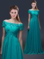 Dynamic Teal Chiffon Lace Up Off The Shoulder Short Sleeves Floor Length Mother Of The Bride Dress Appliques