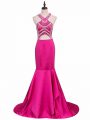 Attractive Hot Pink Mermaid Elastic Woven Satin V-neck Sleeveless Beading Backless Prom Party Dress Brush Train