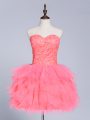 Sleeveless Mini Length Lace and Appliques Lace Up Ball Gown Prom Dress with Watermelon Red