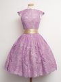 Noble Lilac Ball Gowns Belt Bridesmaid Dresses Lace Up Lace Cap Sleeves Knee Length
