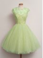 Tulle Scoop Cap Sleeves Lace Up Lace Damas Dress in Yellow Green