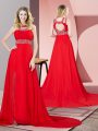 Cute Red Scoop Backless Beading Celebrity Dress Brush Train Sleeveless