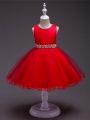 Red Sleeveless Beading Knee Length Girls Pageant Dresses
