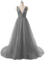 Latest Grey A-line Organza V-neck Sleeveless Ruching Backless Prom Evening Gown Brush Train