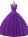 Deluxe Floor Length Dark Purple Quinceanera Gowns Tulle Sleeveless Beading and Lace