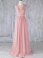 Extravagant Scoop Sleeveless Bridesmaids Dress Sweep Train Appliques Pink Chiffon