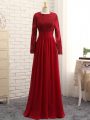 Scoop Long Sleeves Mother Of The Bride Dress Floor Length Lace and Appliques Wine Red Chiffon