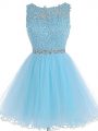Superior Mini Length Baby Blue Cocktail Dresses Tulle Sleeveless Beading and Lace and Appliques