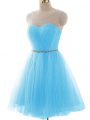 Chic Aqua Blue Lace Up Teens Party Dress Beading and Ruching Sleeveless Mini Length