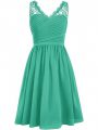 Trendy Knee Length Side Zipper Bridesmaid Gown Green for Prom and Party and Wedding Party with Lace and Ruching