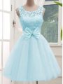 Aqua Blue A-line Scoop Sleeveless Tulle Knee Length Lace Up Lace Quinceanera Court Dresses