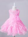 Fashionable Organza Scoop Sleeveless Zipper Beading and Hand Made Flower Little Girl Pageant Dress in Rose Pink