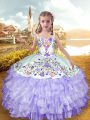 Beauteous Lavender Straps Lace Up Embroidery and Ruffled Layers Little Girl Pageant Dress Sleeveless