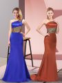 One Shoulder Sleeveless Side Zipper Royal Blue Elastic Woven Satin