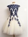 Pretty Blue And White A-line Tulle Scalloped Sleeveless Appliques Mini Length Lace Up Damas Dress