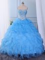 Baby Blue Sleeveless Beading and Embroidery and Ruffled Layers Floor Length Quince Ball Gowns