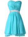 Aqua Blue Prom Homecoming Dress Prom and Party and Sweet 16 with Beading and Ruching Sweetheart Sleeveless Lace Up
