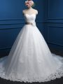 Lace Up Bridal Gown White for Wedding Party with Appliques and Hand Made Flower Brush Train