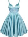Trendy Spaghetti Straps Sleeveless Wedding Party Dress Knee Length Lace Aqua Blue Elastic Woven Satin