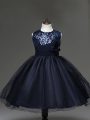 Stunning Navy Blue Zipper Child Pageant Dress Sequins and Hand Made Flower Sleeveless Knee Length