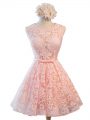 Simple Pink Lace Up Quinceanera Court Dresses Belt Sleeveless Knee Length