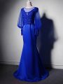 Royal Blue Elastic Woven Satin Clasp Handle Mother Of The Bride Dress Long Sleeves Brush Train Beading and Lace and Appliques