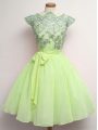 Super Yellow Green Scalloped Neckline Lace and Belt Wedding Party Dress Cap Sleeves Lace Up