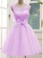 Scoop Sleeveless Wedding Party Dress Knee Length Lace and Bowknot Lilac Tulle