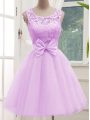 Scoop Sleeveless Wedding Party Dress Knee Length Lace and Bowknot Lilac Tulle
