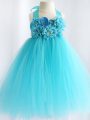 Sleeveless Knee Length Hand Made Flower Side Zipper Little Girls Pageant Dress with Aqua Blue
