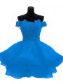 Sleeveless Mini Length Lace and Appliques and Ruffles Zipper Custom Made with Blue
