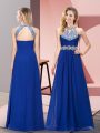 Halter Top Sleeveless Prom Dress Floor Length Beading and Ruching Blue Chiffon