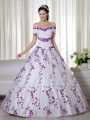 Short Sleeves Floor Length Embroidery Lace Up Sweet 16 Quinceanera Dress with White