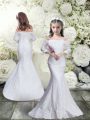 Inexpensive White Mermaid Off The Shoulder 3 4 Length Sleeve Lace Floor Length Lace Up Lace Flower Girl Dress
