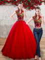 Delicate Floor Length Red Ball Gown Prom Dress High-neck Sleeveless Lace Up