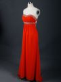 Exceptional Coral Red Chiffon Backless Strapless Sleeveless Floor Length Homecoming Gowns Beading