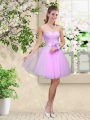 Deluxe Sleeveless Knee Length Lace and Belt Lace Up Bridesmaid Dress with Lavender