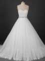 White Sleeveless Brush Train Beading and Lace Wedding Dresses