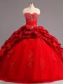 Red Sleeveless Taffeta and Tulle Court Train Lace Up Sweet 16 Dresses for Military Ball and Sweet 16 and Quinceanera