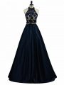 Flirting Floor Length Two Pieces Sleeveless Navy Blue Homecoming Gowns Zipper