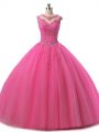 Vintage Hot Pink Lace Up Scoop Beading and Lace Quinceanera Gown Tulle Sleeveless