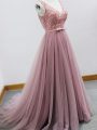 Trendy Pink A-line Tulle V-neck Sleeveless Beading and Belt Zipper Quinceanera Court Dresses Brush Train