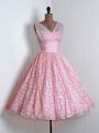 Super Lace Bridesmaids Dress Baby Pink Lace Up Sleeveless Mini Length