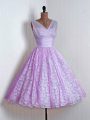 Best A-line Bridesmaid Dress Lilac V-neck Lace Sleeveless Mini Length Lace Up