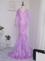 Extravagant Lilac Tulle Side Zipper Mother Of The Bride Dress Long Sleeves Brush Train Lace and Appliques